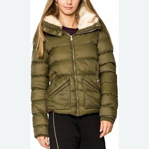 NEW✳️Zara trafaluc outwear Khaki Puffer Jacket with Faux Fur Hood large